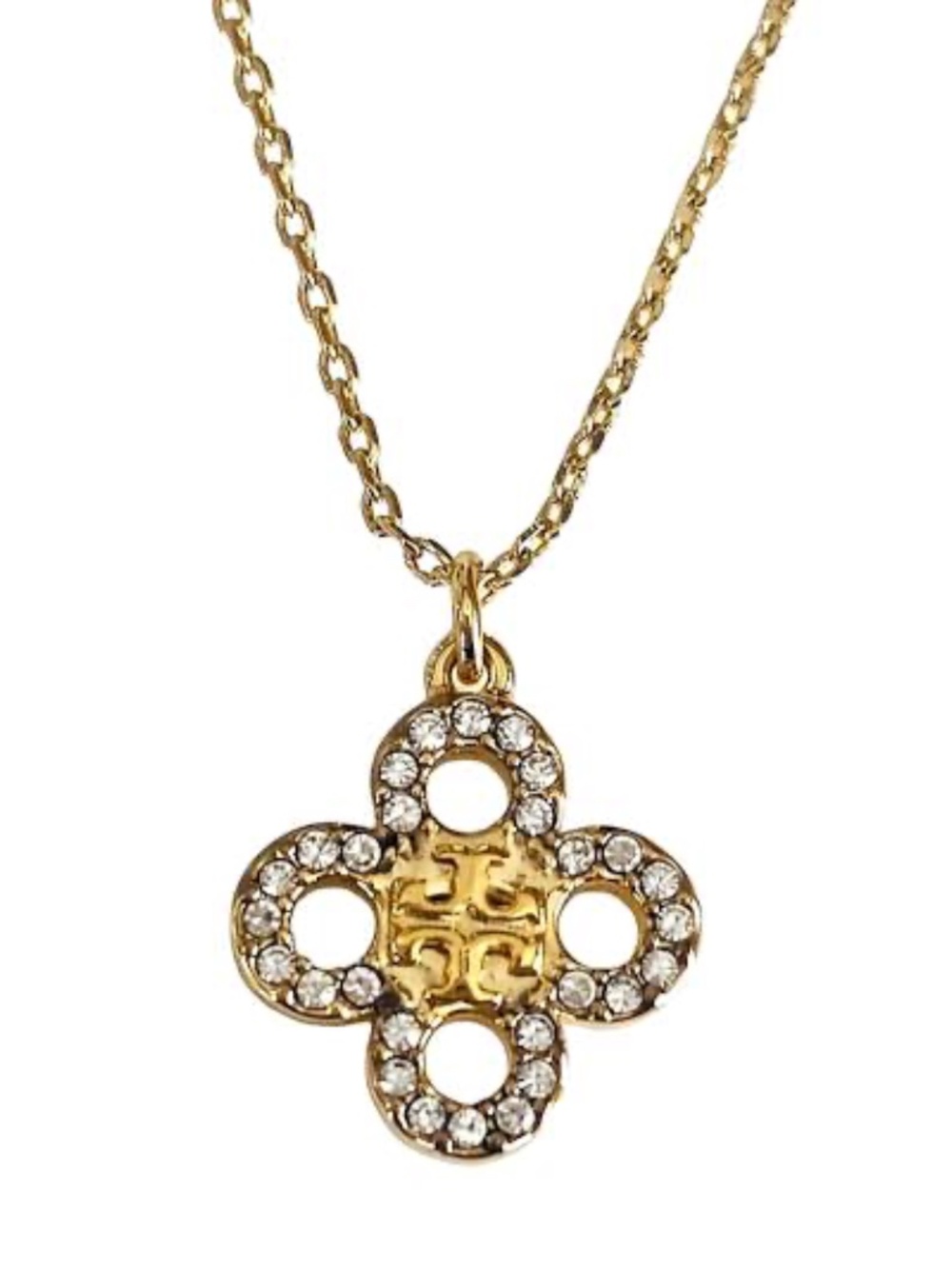 TORY BURCH Kira Stacked Pave Clover Gold Charm Necklace